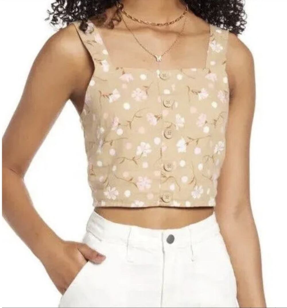 BP. Women's Button Front Linen Blend Tank Floral Crop Top